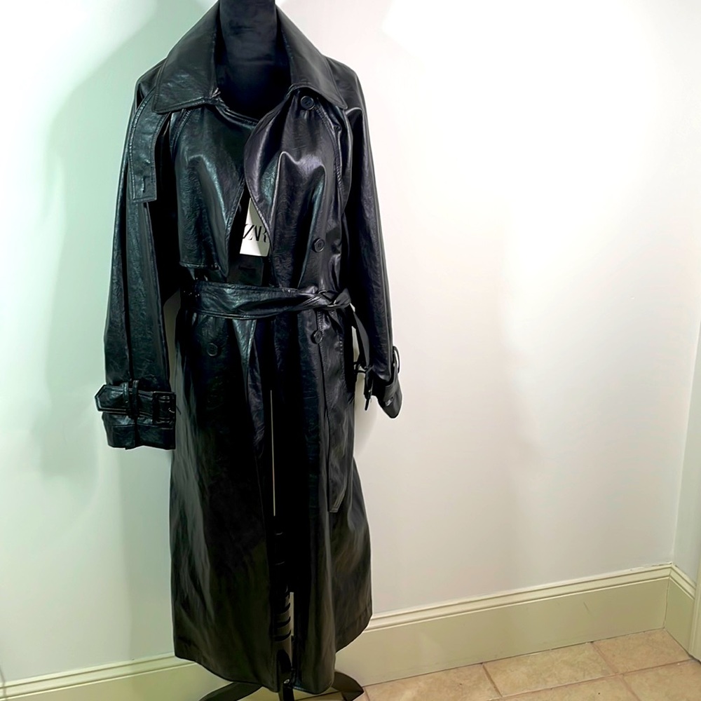 Long Vegan Leather Belted Button Down Trench